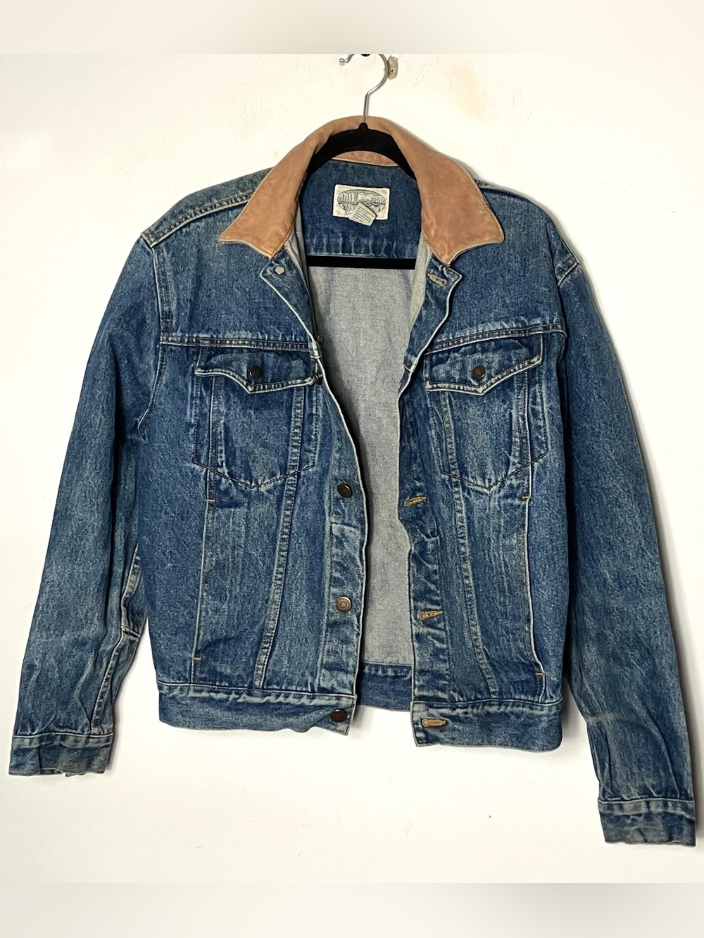 Vintage 90s Britches Great Doors Jean Jacket with Leather Trim Collar‎ Small